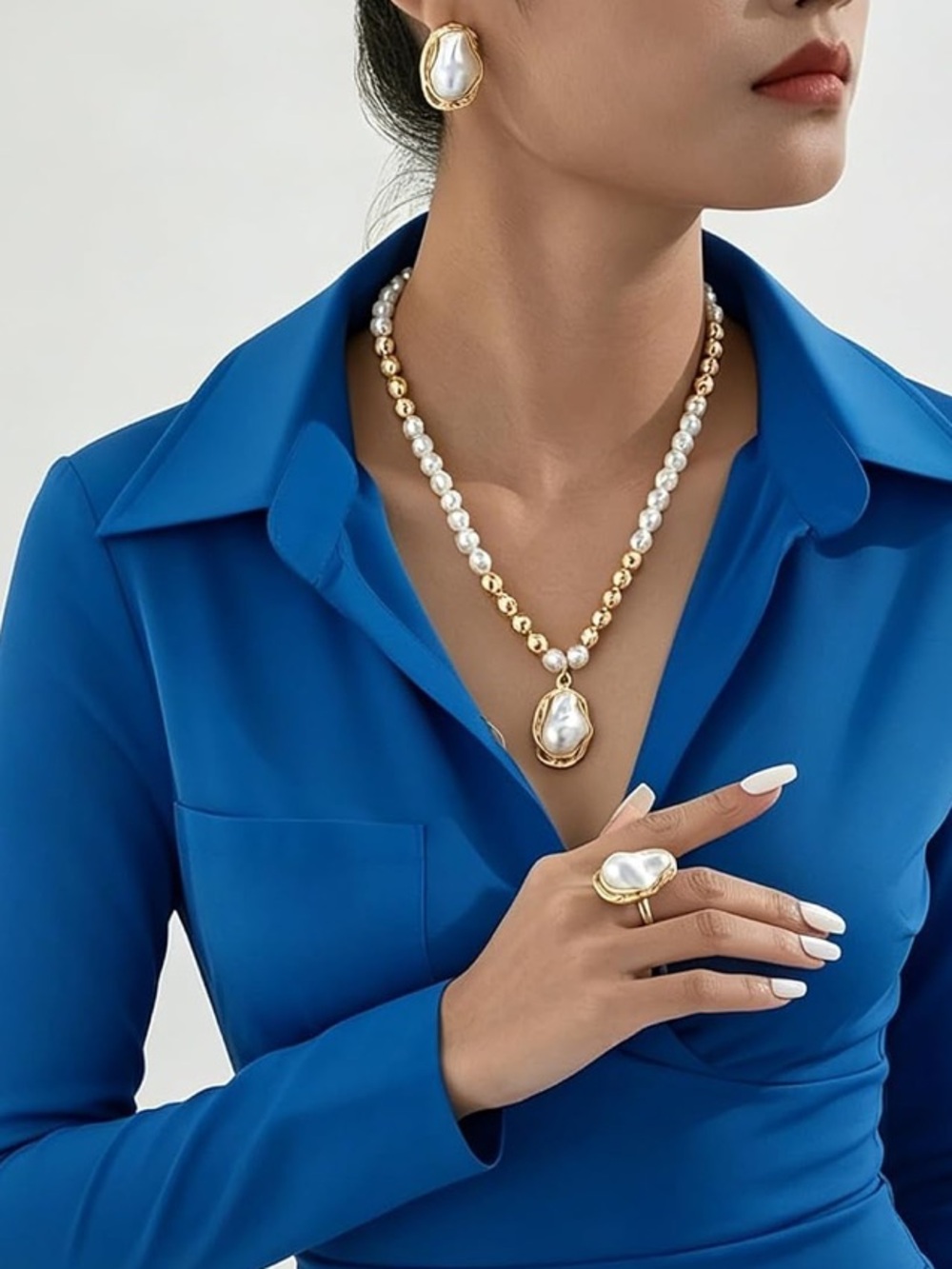 Anthropologie Gold-tone and White Pearl Pendant Necklace Set